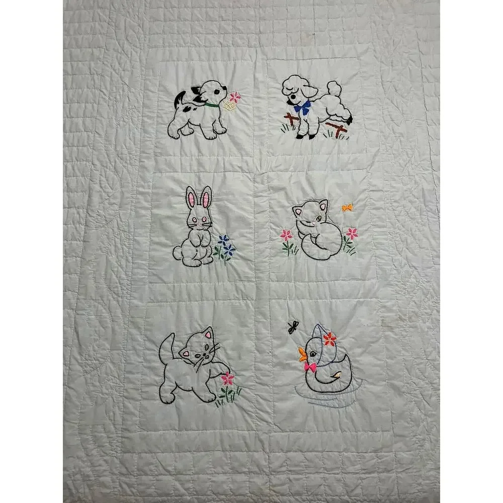 Hand Embroidered Quilt Childrens Mint Green Mid Century Baby Animals 38x68